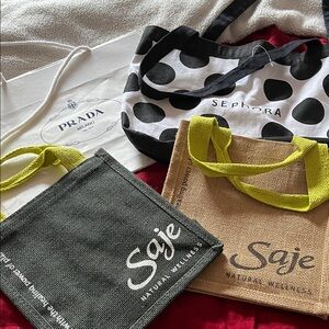 4‑Bag Branded Bundle • Saje Jute, Sephora Tote, Prada Paper Bag